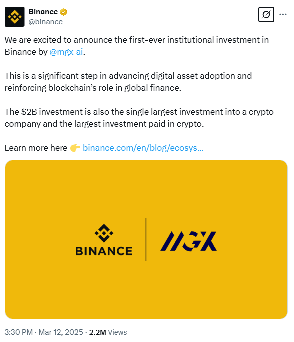 binance post on X about institutional investment