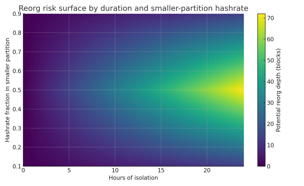 Reorg risk is the product of time and the smaller partition’s hashrate. The worst zone is long duration with near-equal splits.