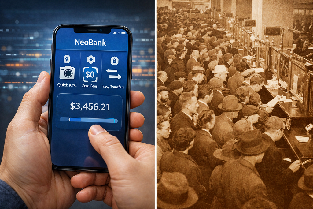 A split-screen image showing a modern hand holding a smartphone with a NeoBank app on the left, and a sepia-toned, crowded traditional bank branch with long queues on the right.
